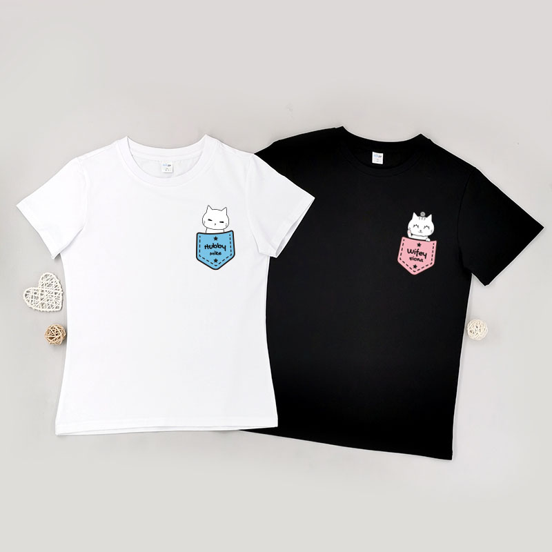 可愛小貓情侶彷口袋設計 - 自定情侶/男裝/女裝圓領T-Shirt