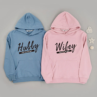 Bespoke Hubby and Wifey Script Text Design - Couple - Hooded Pullover Hoodies / Crew-neck Sweater
