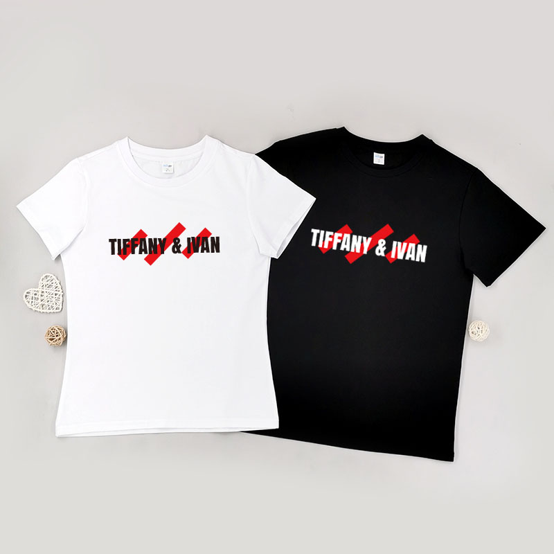 間線及自訂情侶名字 - 情侶/男裝/女裝圓領T-Shirt