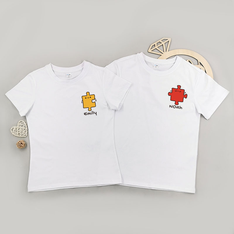 情侶拼圖及自訂名字 - 情侶/男裝/女裝圓領T-Shirt