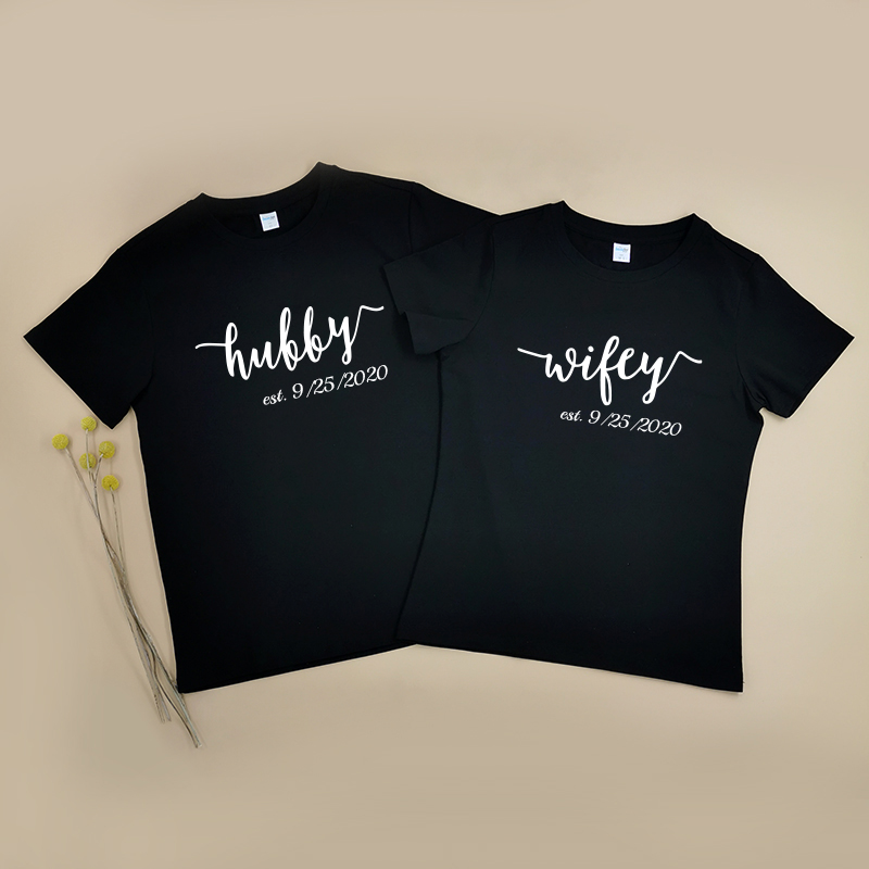 老公老婆結婚/相識周年紀念設計 - 情侶/男裝/女裝圓領T-Shirt