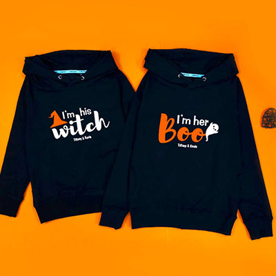 Bespoke Halloween Witch and Boo - Couple Hooded Pullover Hoodies / Crew-neck Sweater