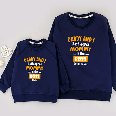 Bespoke Both Agree Mommy is The Boss - Family /Kids Hooded Pullover Hoodies / Crew-neck Sweater / Bodysuits