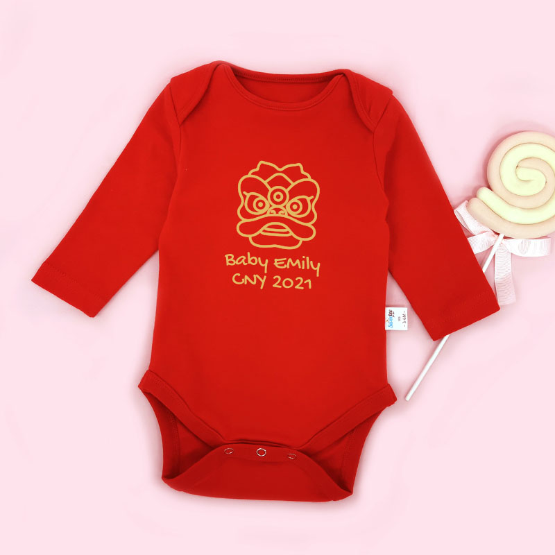 金色中國風舞獅設計 - 自定嬰兒長袖/短袖哈衣/連身衣